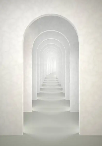 抽象超现实3D渲染 拱形无限走廊白色垂直背景概念渲染 超写实主义内部3D插图 图库图片