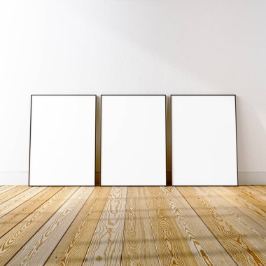 Beyaz duvar ve ahşap zemin üzerinde 3 kare maket sahnesi, 3 boyutlu. Siyah ince metal çerçeve ev yapımı iç mimari.