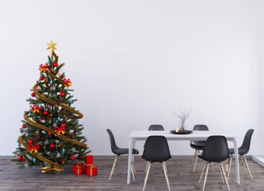 İskandinav modern yemek odasında fotokopi alanı olan bir Noel ağacı. Noel konsepti için minimalist, zarif bir oturma odası. 3d iç mimari.