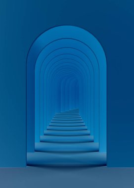 Kemerli koridor koyu mavi arka plan tasarımı. Soyut koyu mavi sürreal 3D görüntüleme. Sürrealist iç mekan 3D illüstrasyon.