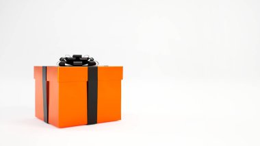 Beyaz arka planda izole edilmiş turuncu ve siyah renkli Cadılar Bayramı hediye kutusu ve kopyalama alanı. 3d hazırlayıcı.
