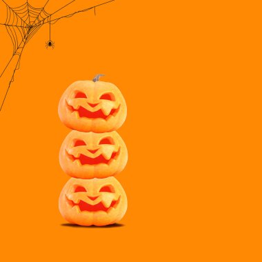 Cadılar Bayramı arkaplanı, balkabakları, örümcek ağı ve kopyalama alanı. Cadılar Bayramı arka planında komik bir Jack o fener. 3d oluşturma.