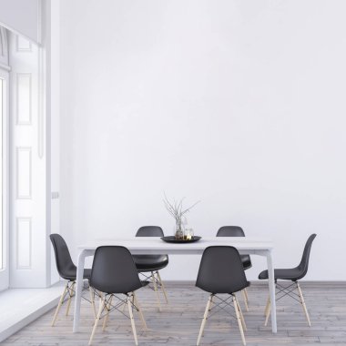 Minimalist zarif yemek odası. Yemek odası sahnesinde boş modern beyaz duvar modeli. 3D iç mimari, İskandinav yemek masası ve ahşap zeminli sandalyeler..