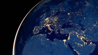 Gece dünya fotoğrafı, Avrupa 'nın Şehir Işıkları, Ortadoğu, Türkiye, İtalya, Karadeniz, Akdeniz uzaydan, Dünya haritası küresi. Uydu HD fotoğrafı. Bu görüntünün elementleri NASA tarafından desteklenmektedir.
