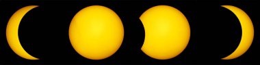 Ay, Dünya ve Güneş 'in arasından geçer. Kısmi Güneş tutulması. Kısmi Güneş tutulması sırasındaki Güneş manzarası. Bu görüntünün elementleri NASA tarafından desteklenmektedir.