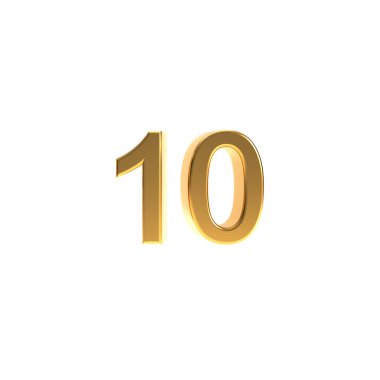 Altın numara 10 işareti, 3D altın numara 10 sembolü beyaz arkaplanda izole edilmiş..
