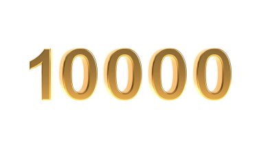 Altın numara 10000 işareti, 3D altın rengi. Beyaz arka planda izole edilmiş on bin sembol..