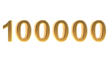 Altın numara 100000, 3D altın, beyaz arkaplanda izole edilmiş 100.000 sembol..