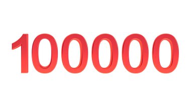 100.000 numara işareti, 3D kırmızı 100.000 numara beyaz arka planda izole edilmiş..