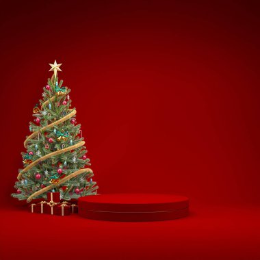 Noel ağacı ve hediyeli ürün sergisi için Noel kırmızı podyum arka planı, 3D resimleme.