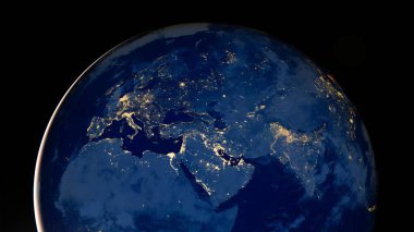 Gece karanlığında dünya fotoğrafı, Afrika 'nın ışıkları, Avrupa ve Orta Doğu' nun uzaydan gelmesi, gece dünya haritası, HD uydu görüntüleri. Bu görüntünün elementleri NASA tarafından desteklenmektedir.