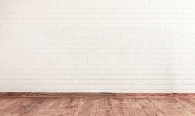 Ahşap zeminli beyaz tuğla duvar zemin, beyaz tuğla grunge dokusu 3D resimleme.