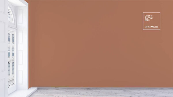 Mocha mousse color of the year 2025 wall mockup 3d interior render design with wooden floor and white french windows, 3d rendering illustration.