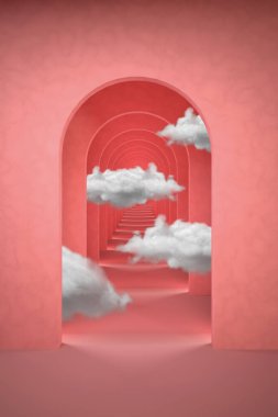 Soyut pembe gerçeküstü 3D, beyaz bulutlu. Kemerli koridor pastel pembe rüya gibi arka plan tasarımı. Sürrealist iç mekan 3D illüstrasyon.
