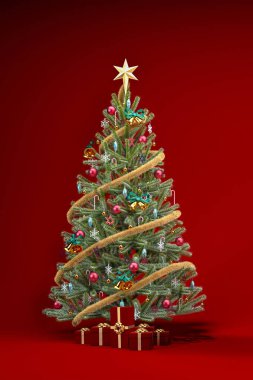 Noel kırmızı arka plan konsepti, süsler ve hediyeler. Süslü Noel ağacı, koyu kırmızı arka planda hediye kutuları, üç boyutlu resimleme.