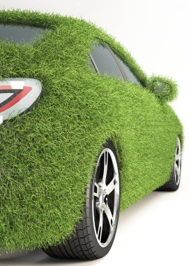 Elektrikli araç EV araba konsepti, beyaz, yeşil araba, temiz enerji, sürdürülebilir enerji, 3D görüntüleme üzerinde izole edilmiş gerçekçi çimlerle kaplı çevre dostu araba..