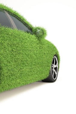 Elektrikli araç EV araba konsepti, beyaz, yeşil araba, temiz enerji, sürdürülebilir enerji, 3D görüntüleme üzerinde izole edilmiş gerçekçi çimlerle kaplı çevre dostu araba..