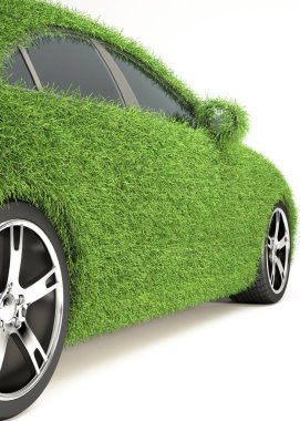 Elektrikli araç EV araba konsepti, beyaz, yeşil araba, temiz enerji, sürdürülebilir enerji, 3D görüntüleme üzerinde izole edilmiş gerçekçi çimlerle kaplı çevre dostu araba..
