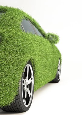 Elektrikli araç EV araba konsepti, beyaz, yeşil araba, temiz enerji, sürdürülebilir enerji, 3D görüntüleme üzerinde izole edilmiş gerçekçi çimlerle kaplı çevre dostu araba..