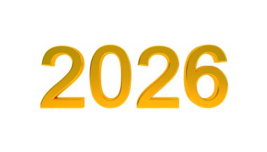 Beyaz arkaplanda izole edilmiş 2026 altın 3D metin, mutlu yeni yıl arkaplan konsepti 3D resimleme.