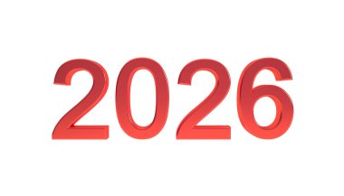 Beyaz arkaplanda izole edilmiş 2026 kırmızı 3D metin, mutlu yeni yıl arkaplan konsepti 3D resimleme.