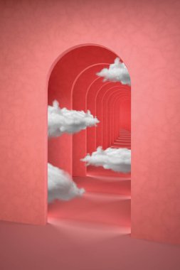 Soyut pembe gerçeküstü 3D, beyaz bulutlu. Kemerli koridor pastel pembe rüya gibi arka plan tasarımı. Sürrealist iç mekan 3D illüstrasyon.