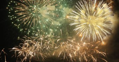 Green Firework celebrate anniversary happy new year 2023, 4th of july holiday festival. Green firework in night time celebrate national holiday. Countdown to new year 2023 festival party time event