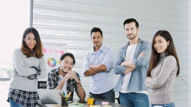 Portrait group of Businesspeople team partners smile happy look at camera together. Multiethnic Teams Leader executive board organized group photo. Portrait diversity people team in conference room