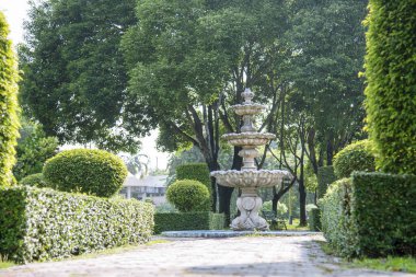Paris green park Fountain in the park with hard sun light. Paris Garden with fountain and green bush in the morning. Blurred background nature park fountain scenic pathway.