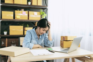 Çaresiz Asyalı kadın, ev ofisinde küçük bir iş kurmaktan depresyona girdi. Başarısız iş kadını ev ofisinde çalışıyor. Çevrimiçi satıcı girişimcinin mutsuz bir işi var.