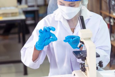 Close up Scientist woman hands look at Glass Petri Dish use Microscope research in science laboratory. Crop women hands biochemistry scientist using fungi Glass Petri Dish in laboratory chemistry lab