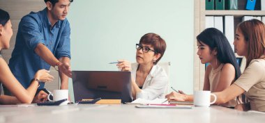 Banner Group of business people meeting in conference room. Panorama Asian businesspeople brainstorm teamwork partnership. Happy teams meeting graph chart business data meeting room with copy space