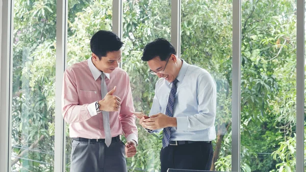 Success Businessman Happy Got Good News Mobile Smartphone Asian Young — Stock Photo, Image