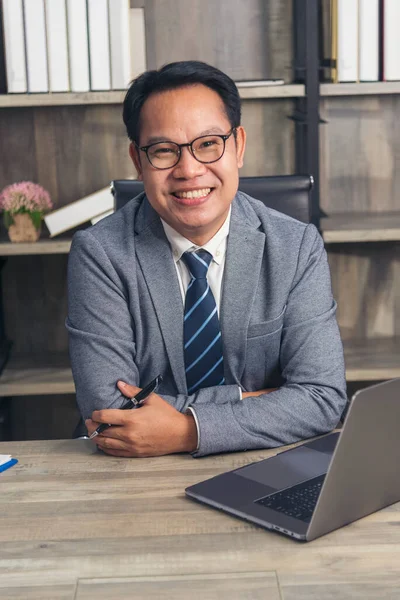 Asian Businessman Using Laptop Office Desk Man Hands Typing Computer — Stock Photo, Image