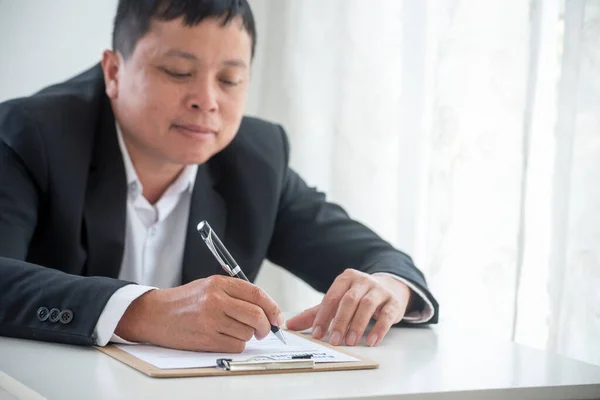 Close Manager Businessman Hands Sign Contract Working Meeting Asian Business — Stock Photo, Image