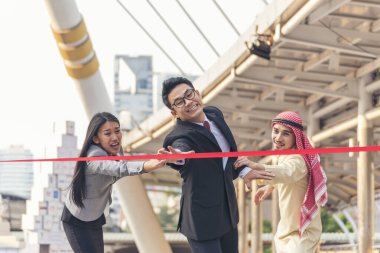 Multiethnic diversity people contest. Business competition group of business people in formal suit run to finish line success goal victory strategy. Competitive person race to be first place winner.