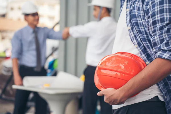 Contractor Construction Engineer Meeting Talking Together Architect Table Construction Office — Stock Photo, Image