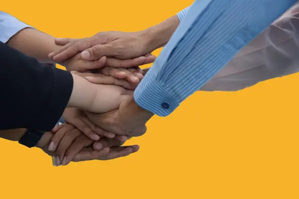 Close up hands Diverse multiethnic Partners team together. Teamwork group of multi racial people meeting join hands. Diversity people hands join empower partnership teams connect volunteer community