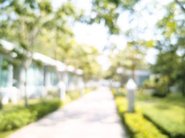 Bulanık arka plan yeşil bahçe doğa parlak güneşli orman. Baharda güneşli açık hava parkı güneş ışığıyla parlayan parlak bir şablon. Bulanık arkaplan pankart kopyalama alanı.