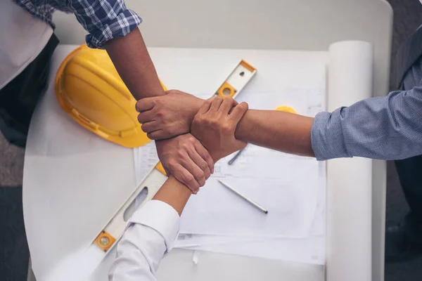Group Multiracial People Teamwork Meeting Join Hands Engineer Manager Foreman — Stock Photo, Image