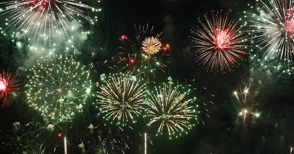Green Firework celebrate anniversary happy new year 2024, 4th of july holiday festival. Green firework in night time celebrate national holiday. Countdown to new year 2024 festival party time event