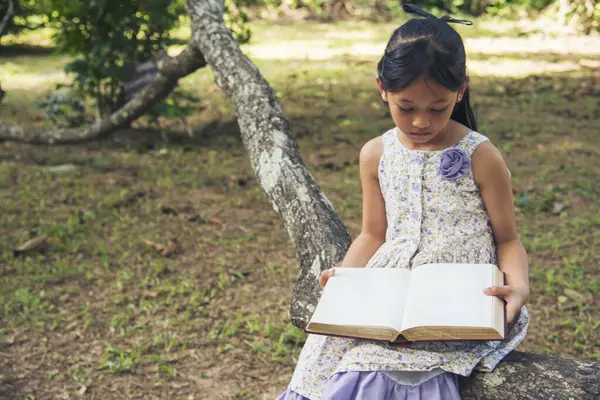 Asian Girl holding book reading at green park in natural garden. Young todler girl relaxation read open book self study. Happy child women smiling with happiness learning. Kid sit in green park