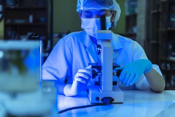 Woman scientist in lab look at science microscope medical test researching biology chemistry in blue light black background. Female technician laboratory analyze genetic research. Chemistry Medical