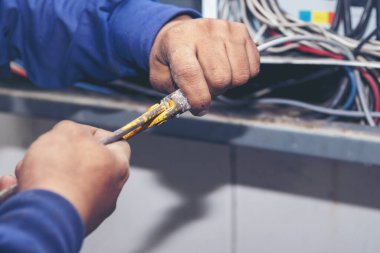 Elektrik teknisyeni elektrik kablosunu kontrol etti. Müfettişler santralde çalışan makine bakım servisini teslim etti. Elektrikçi devre onarım voltajı. Erkek eli şalteri tamir eder