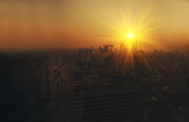 Sunset Amazing Bangkok mavi gökyüzü ile ufuk çizgisi. Altın zamanı Güzel gökdelen Bangkok şehir merkezi manzarası. Başkent binası arka plan modern ofis bölgesi. Şehir merkezinde gece hayatı