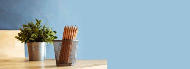 Banner Kaktüsü tahta masa arkası tasarımı iç tasarım tasarımı tasarım elementi. Ürün mobilya masası bulanık arkaplanı göster. Süslü Bahçede kaktüs, minimalist afiş ve kopya alanı