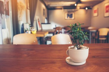 Ahşap masa arkasında içi kullanım tahtası için boş afişi olan kaktüs. Geçmişi bulanık ürün mobilya masasını göster. Ürün gösterim afişini kopyalama alanı ile sunmaya hazır