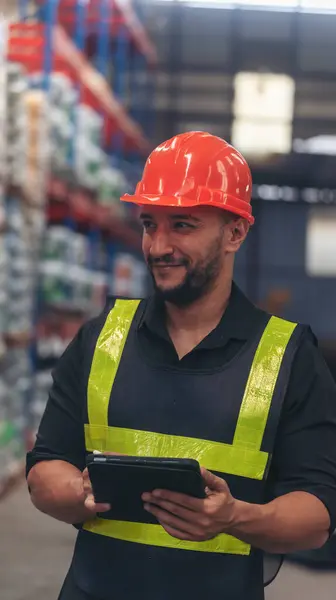 Vertical Hispanic Men Hands Touch Smart Tablet Warehouse Management Logistics — Stock Photo, Image