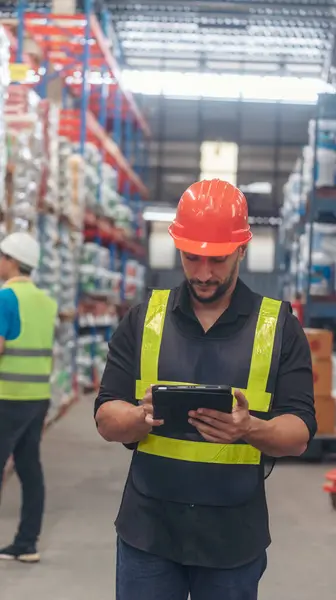 Vertical Hispanic Men Hands Touch Smart Tablet Warehouse Management Logistics — Stock Photo, Image