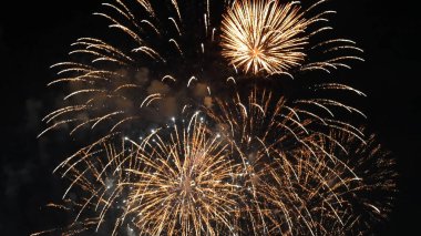 Golden Firework celebrate anniversary happy new year 2023, 4th of july holiday festival. Gold firework in the night time celebrate national holiday. Countdown to new year 2023 gold party time event